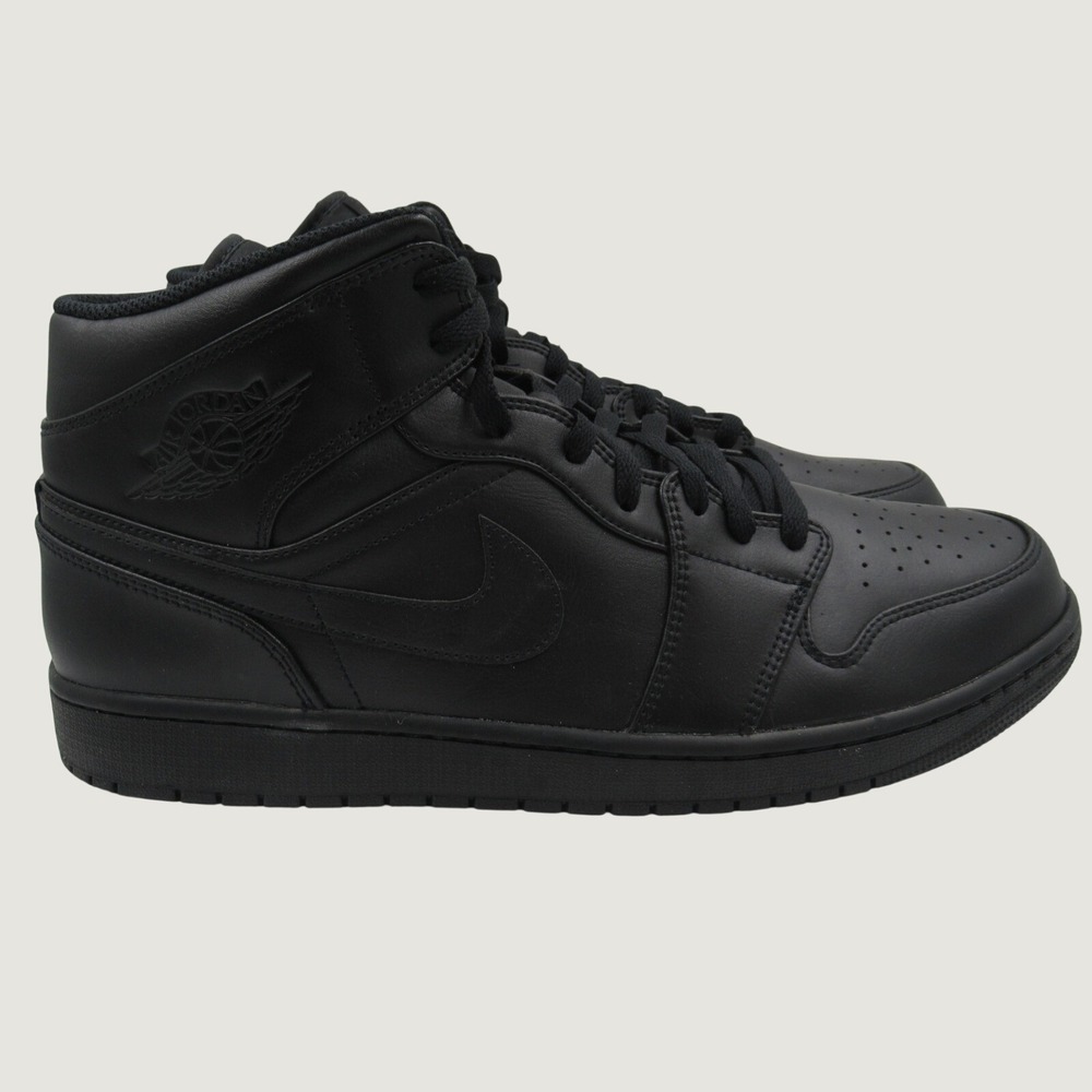 Jordan 1 Mid Triple Black Leather Sneakers 554724-093 Mens Size 14